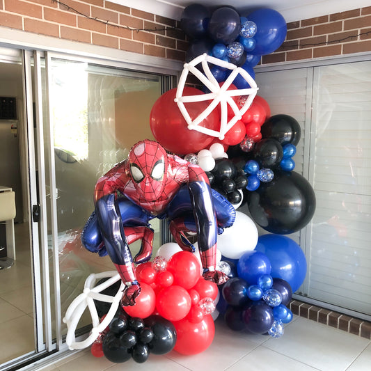 Tomi's 5th Spiderman Birthday Party Organic Style Balloon Garland