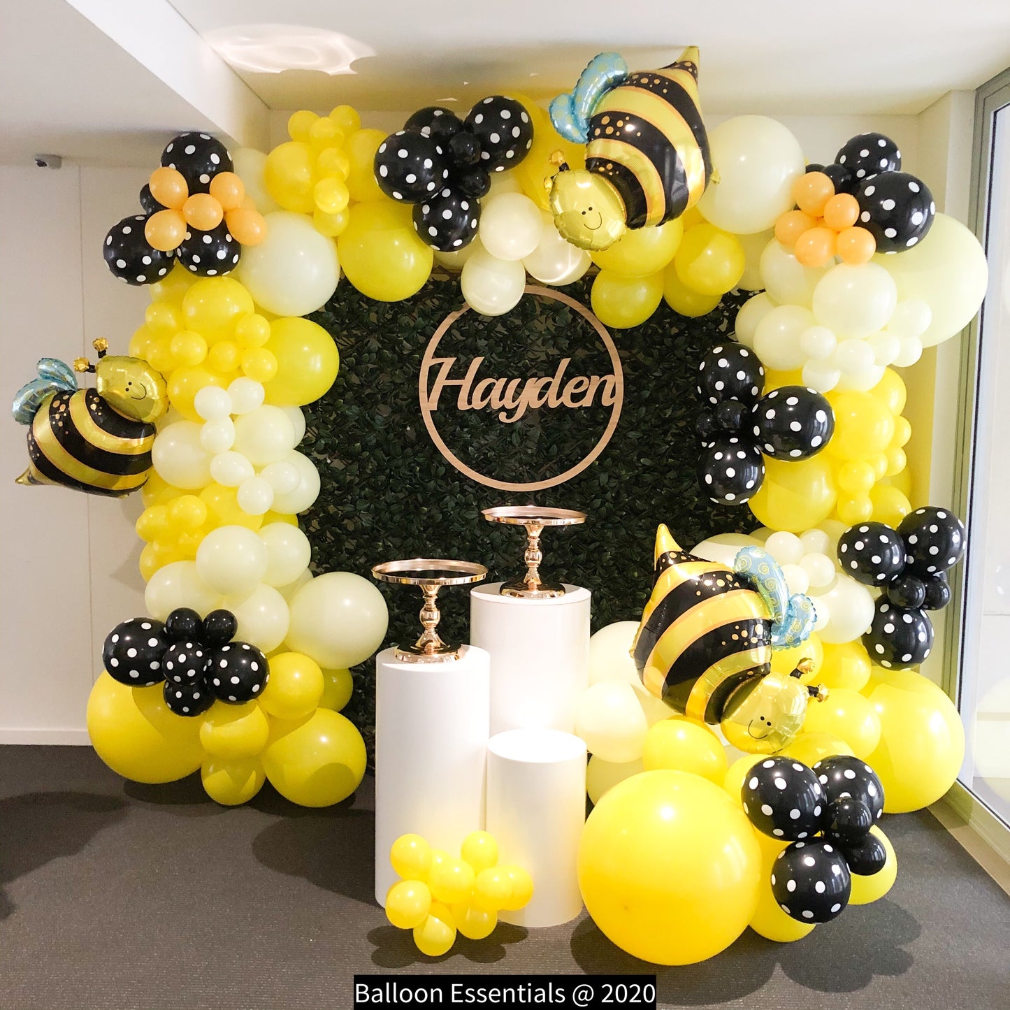 Hayden's 1st Bumble Bee Birthday Organic Style Balloon Garland