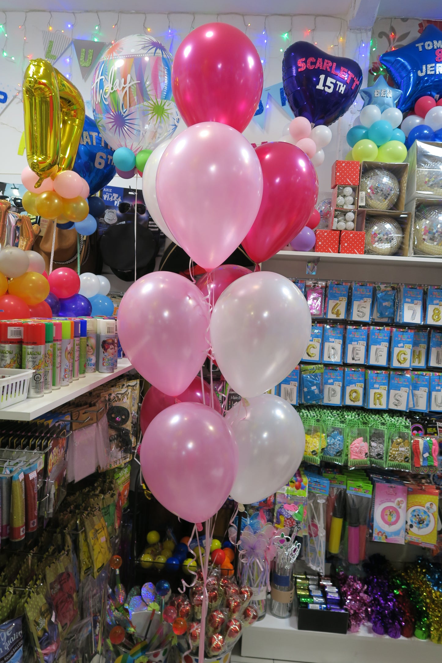 Birthday Pink Star Burst Bubble and 9 helium balloon bouquet