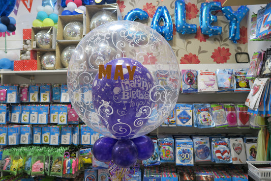 Birthday Bubble in double deco with name and 9 helium balloon bouquet