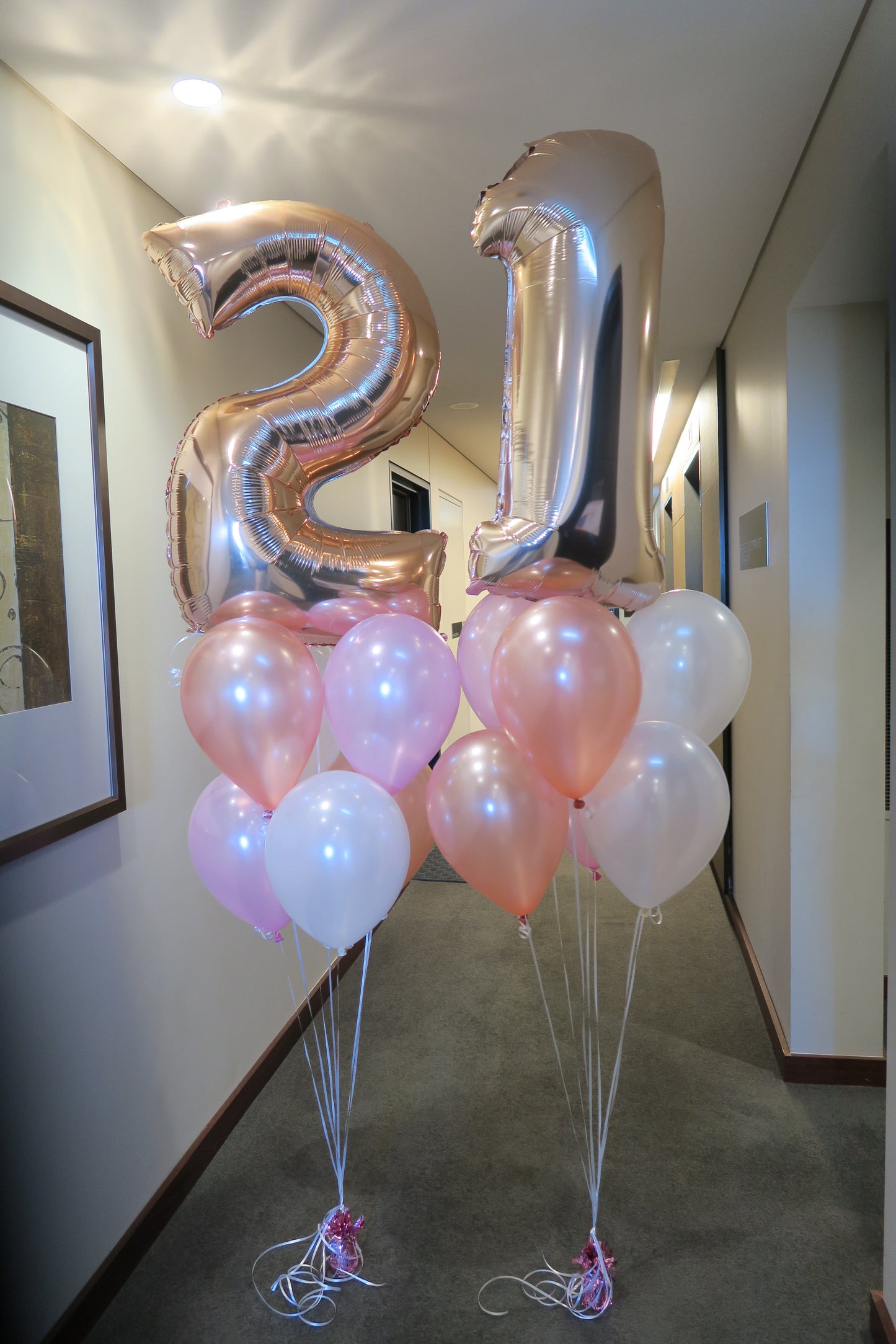 21st  birthday RoseGold foil shape helium balloon arrangement