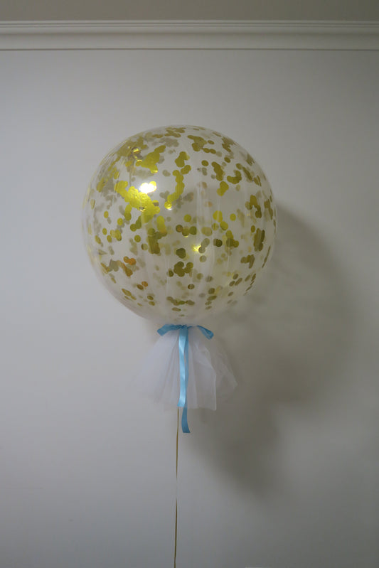 3ft clear tulle gold confetti balloon arrangement