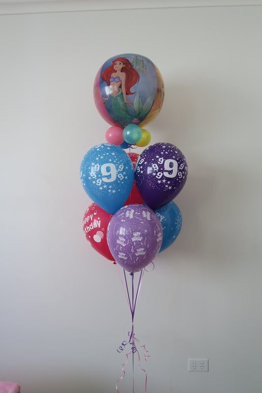9th birthday Disney Princess Orbz shape and 9 balloon bouquet
