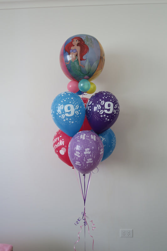 9th birthday Disney Princess Orbz shape and 9 balloon bouquet