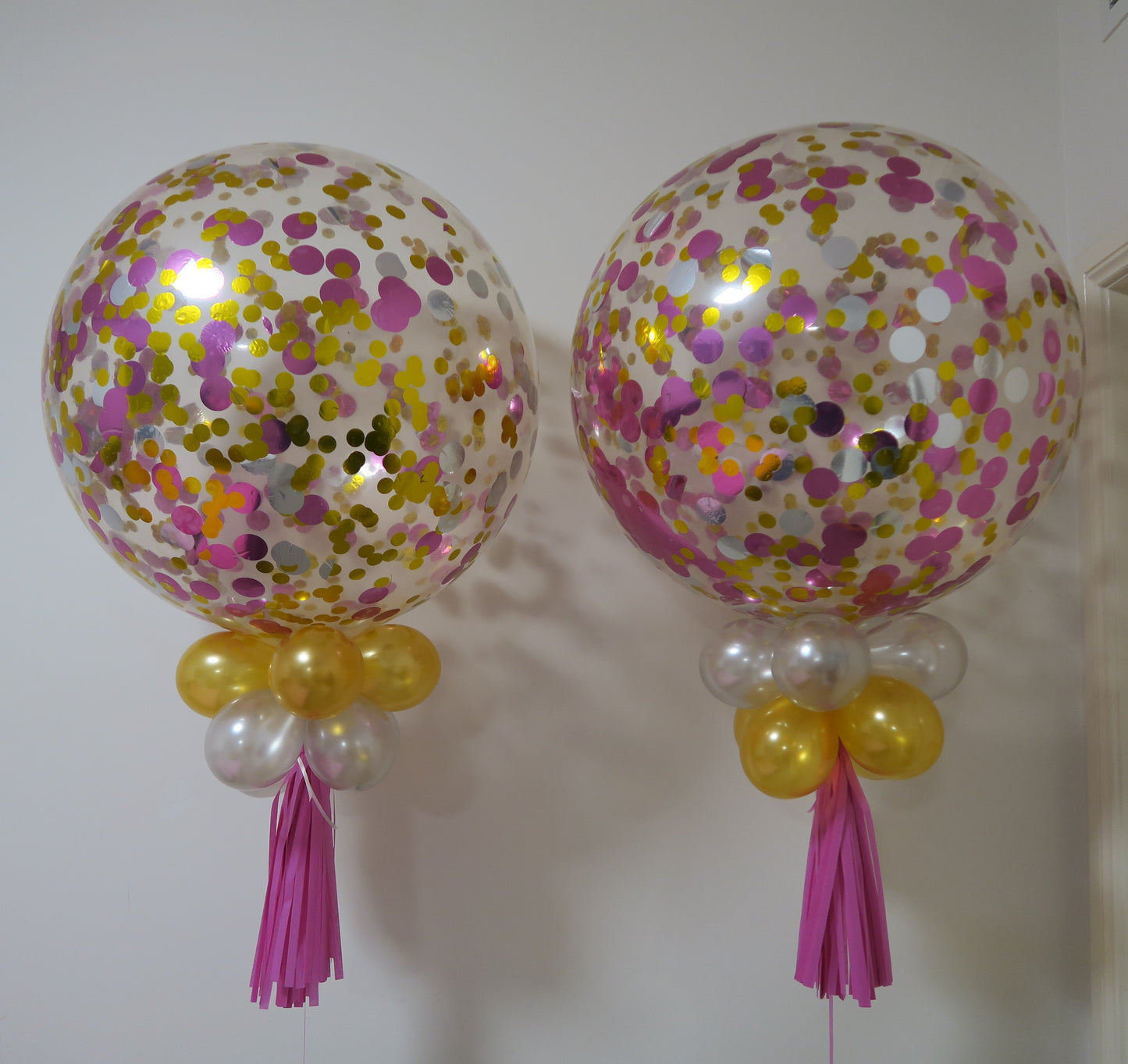 2 of 3ft clear gold, silver and pink confetti balloon