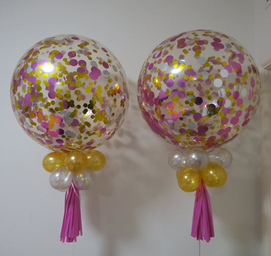 2 of 3ft clear gold, silver and pink confetti balloon