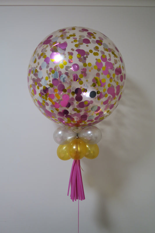 3ft clear gold, silver and pink confetti balloon