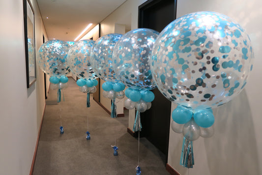 3ft clear blue and silver  confetti balloon