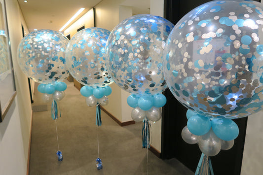 4 x 3ft clear blue and silver  confetti balloon