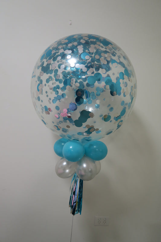 3ft clear blue and silver  confetti balloon