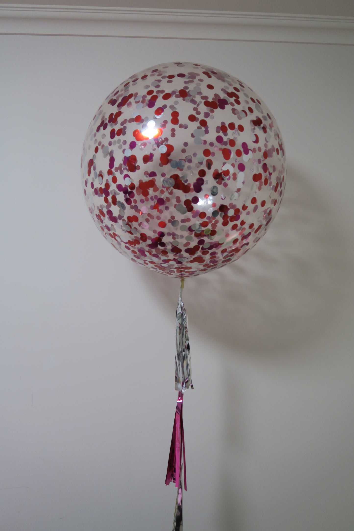 3ft clear pink,red and silver  confetti balloon