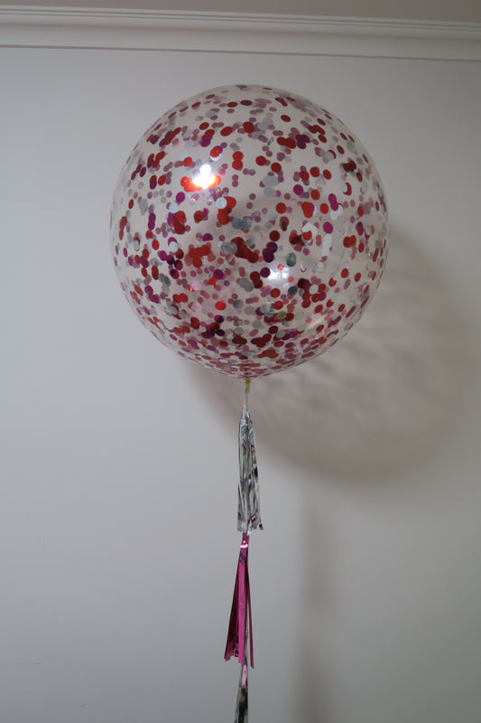 3ft clear pink,red and silver  confetti balloon