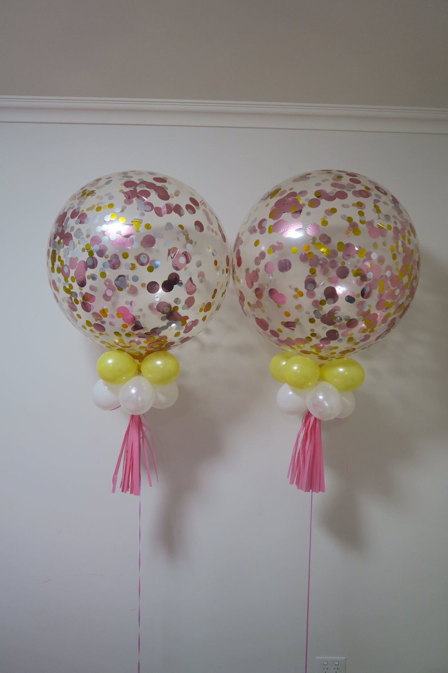 2 of 3ft clear pink, gold and silver  confetti balloon