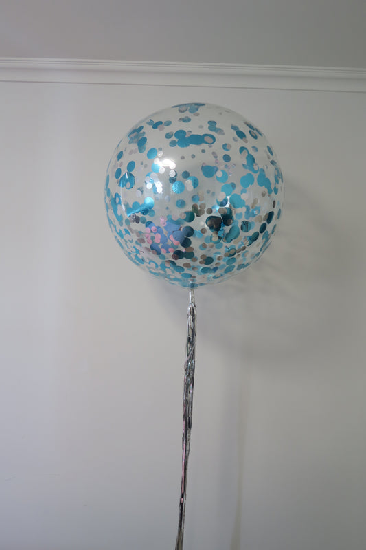 3ft clear aqua blue and silver confetti balloon