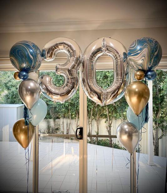 30th Foil Shape Balloon Bouquets Set Up