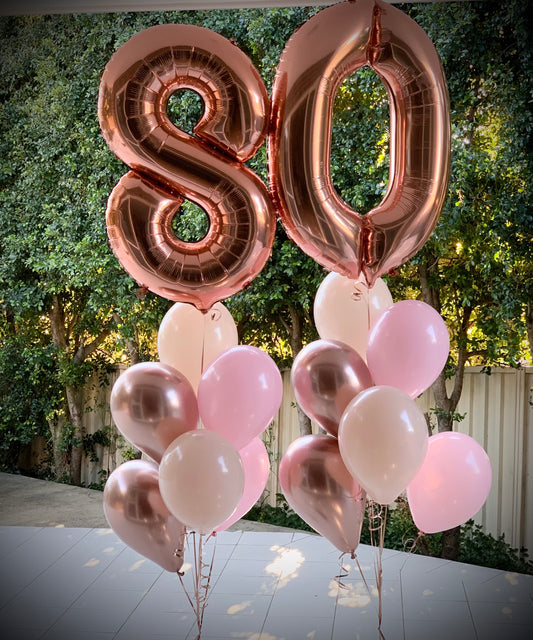 80th Foil Shape Balloon Bouquets Set Up