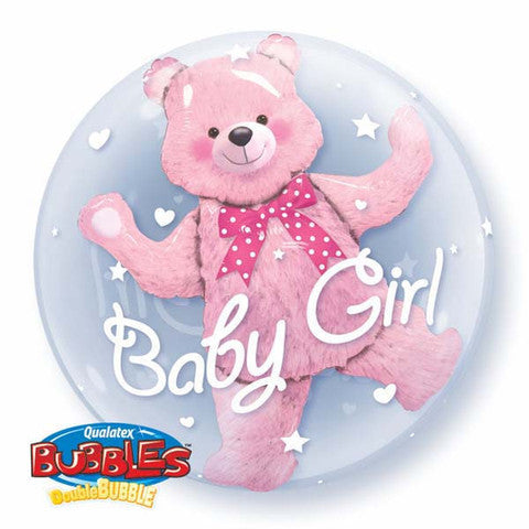 Baby Girl with Teddy Bear Double Bubble and 9 helium bouquets